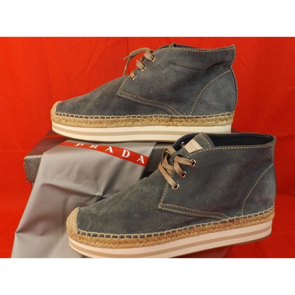 NIB PRADA BLUE SUEDE LACE UP LOGO ESPADRILLES CHUKKA BOOTS 39 8.5 $ 525 - Picture 10 of 12